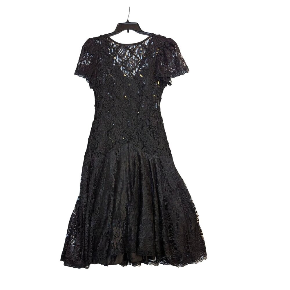 Vintage 80s HW Collections Black Lace Dress With Sequins Drop Waist Design Flutt
